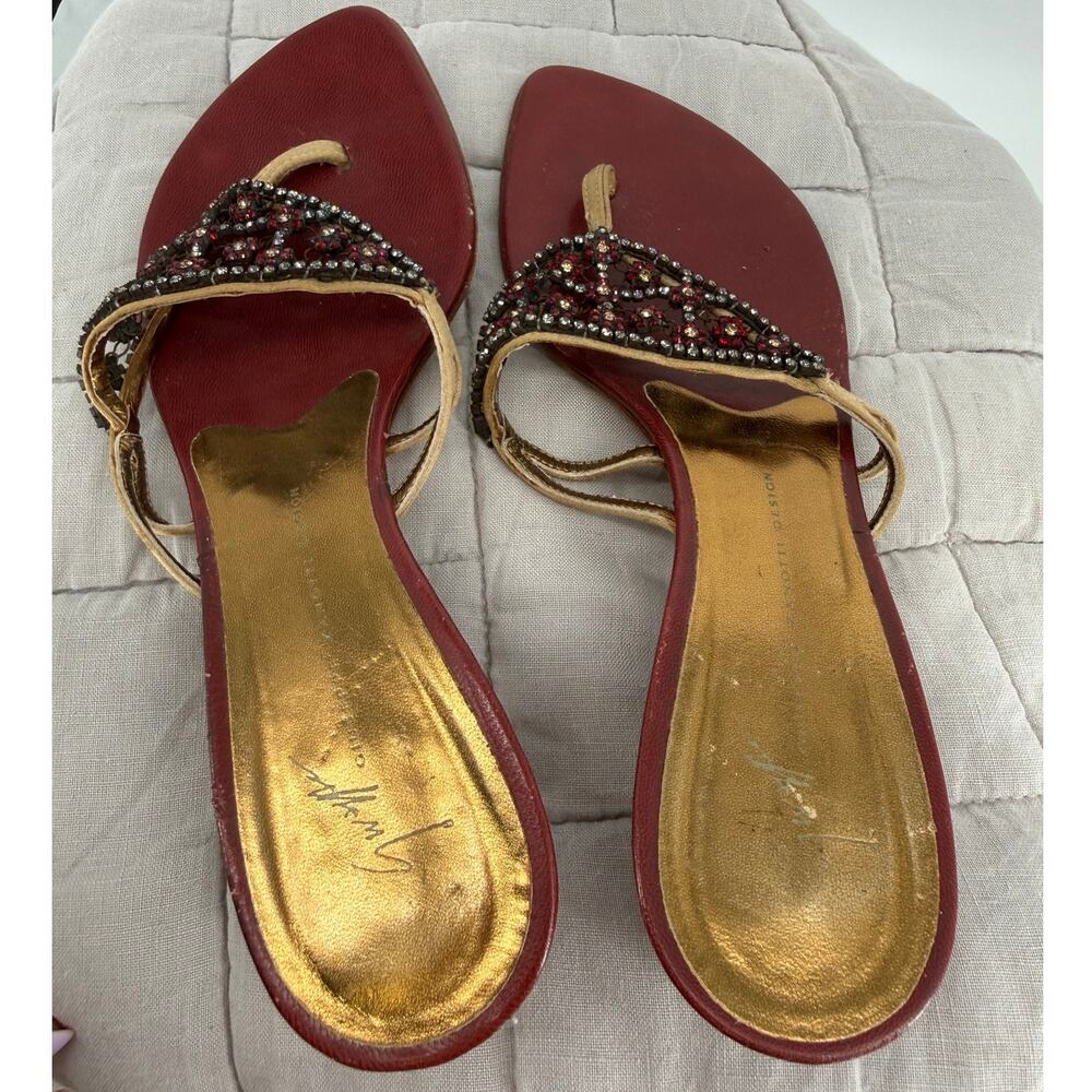 Giuseppe Zanotti Kitten Heel Thong Sandals Rhinestone Mesh Straps Gold Red 38 - Picture 5 of 7